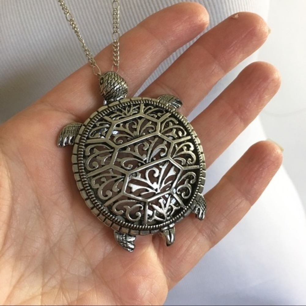 Silver Filigree Sea Turtle Magnifying Pendant Necklace Long Figaro Chain NEW